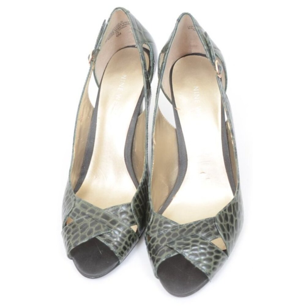 Nine West Brightgirlo Green Leather Alligator Print Peep Toe Heel Pump Size 8M - Picture 7 of 9